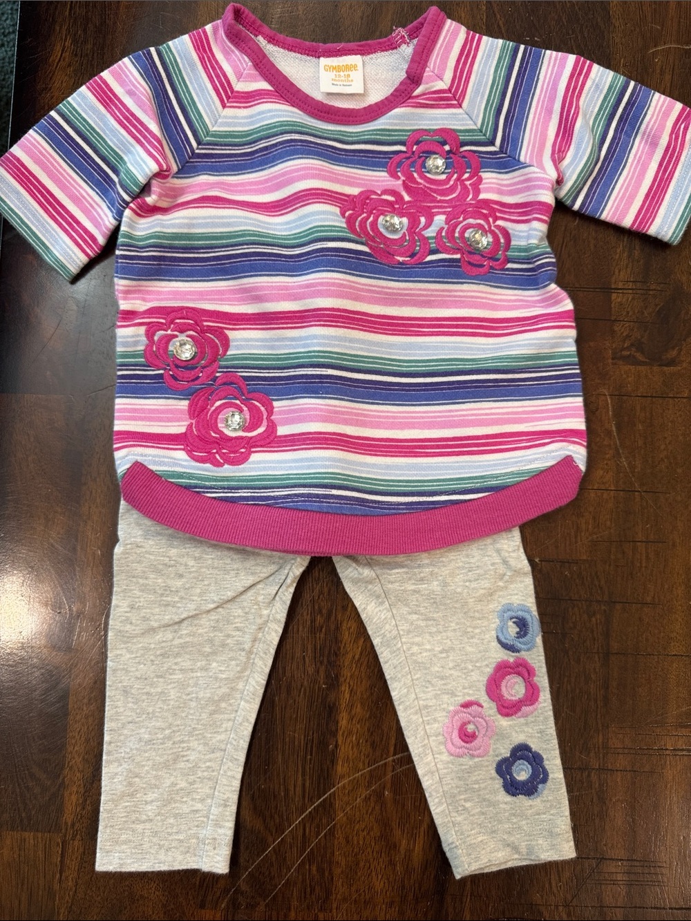 Gymboree Pink, Purple & Blue Striped Girls Set with Floral Appliqués